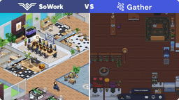 A side-by-side comparison of a vibrant SoWork office and a bleak Gather Town office.