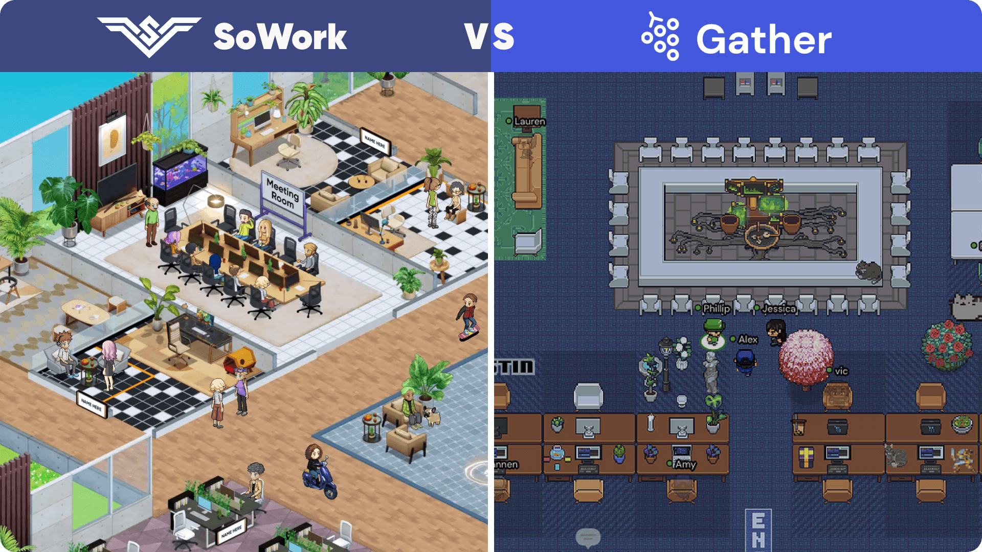 A side-by-side comparison of a Sowork office vs a Gather Town office showing how much more immersive SoWork is.