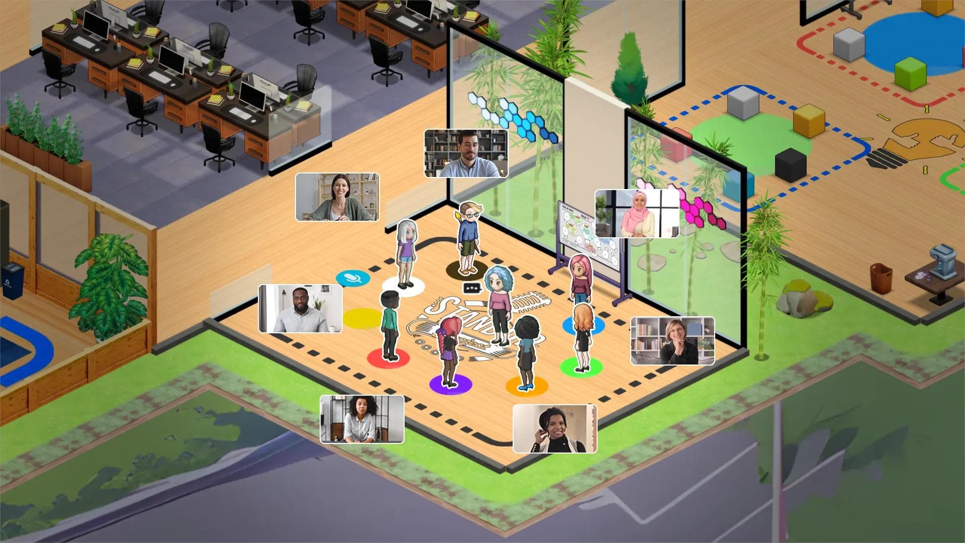 A remote team taking a standup meeting in a virtual office