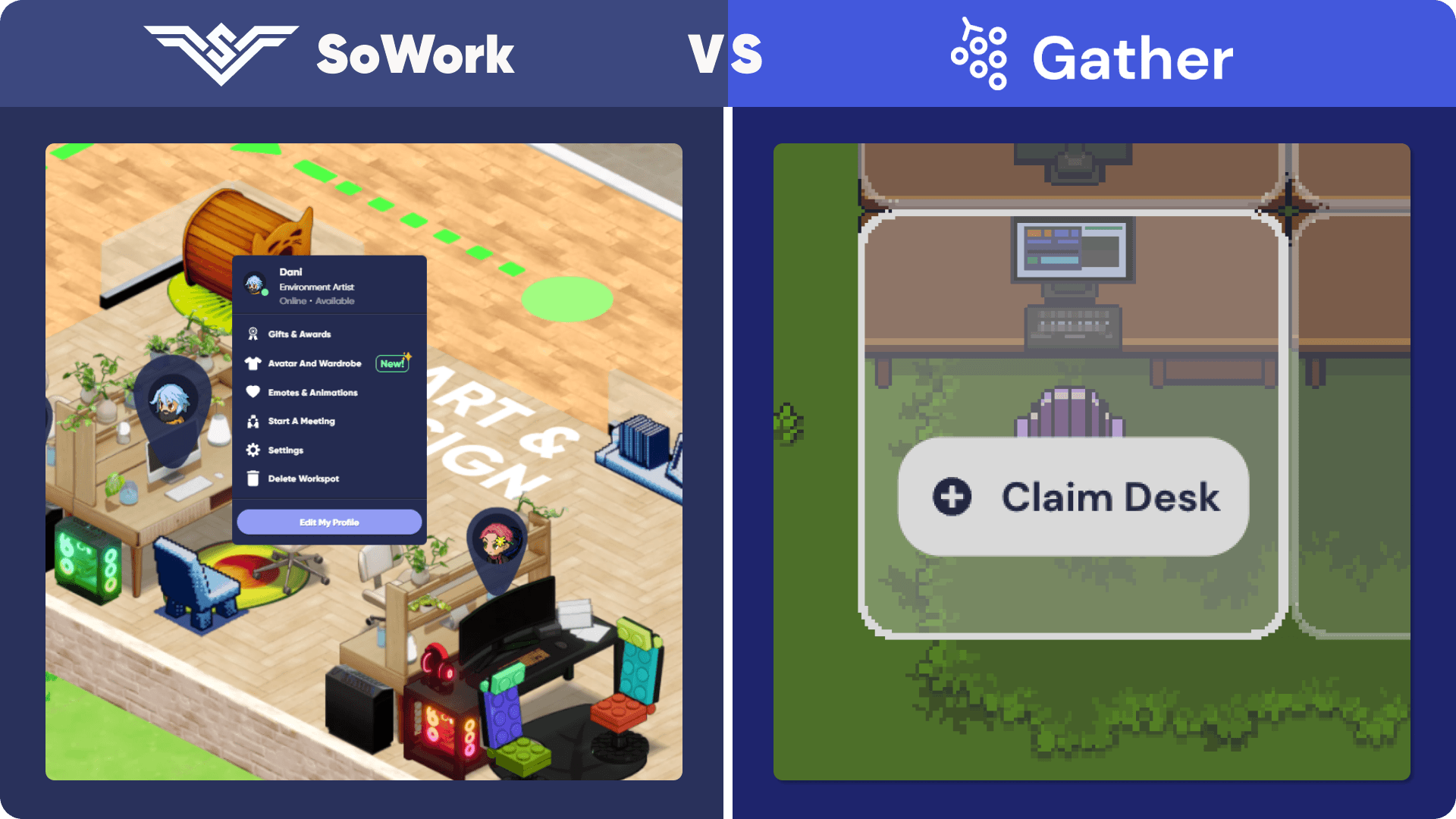 SoWork desks compared to Gather Town desks