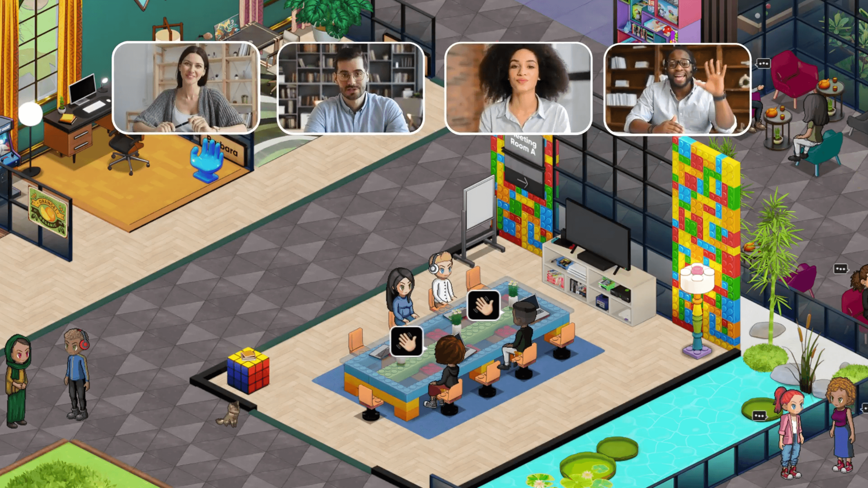 A remote team taking a virtual meeting inside a virtual office