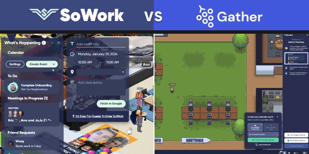 A side-by-side comparison of SoWork's calendar feature vs Gather Town's calendar feature