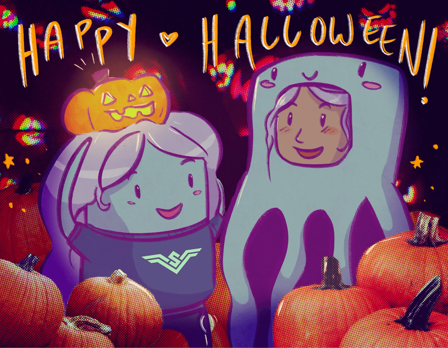 Shocky and Sophia Bot dressed as each other for Halloween