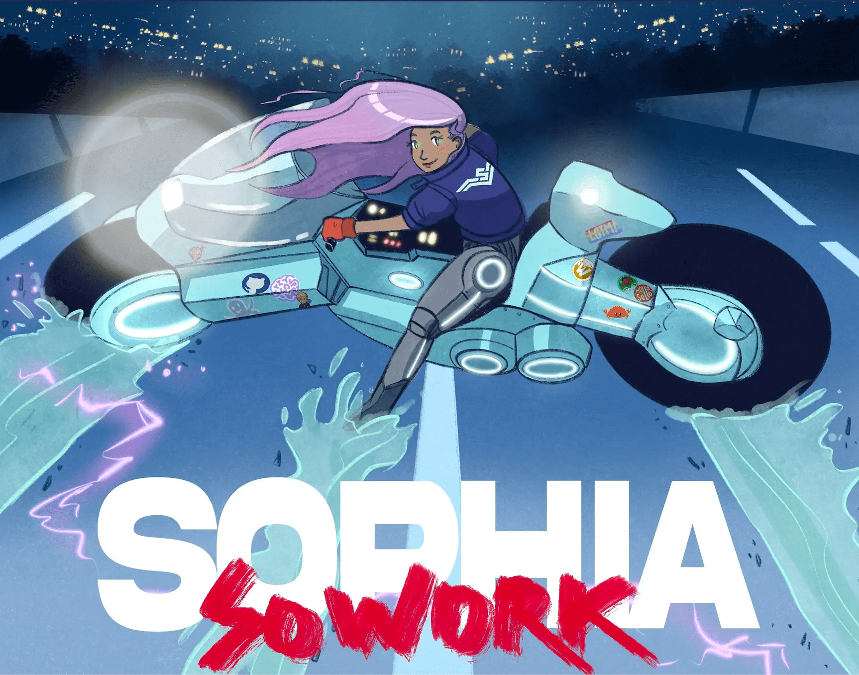 Sophia Bot from SoWork riding her motorcycle in a cyberpunk environment