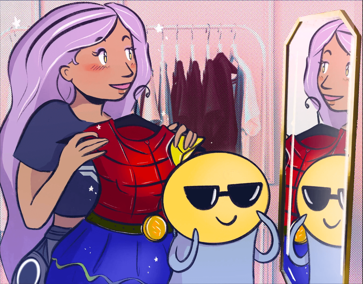 Sophia Bot and Shocky from SoWork's remote team trying on different outfits
