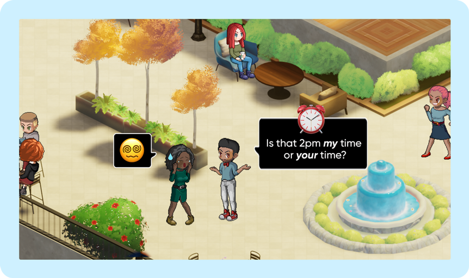 Two avatars standing in an office talking about a meeting time.